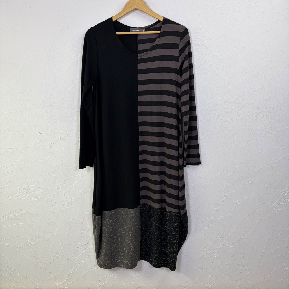 Alembika Colorblock Striped Midi Dress Womens Size 6 Black Gray Lagenlook Mod